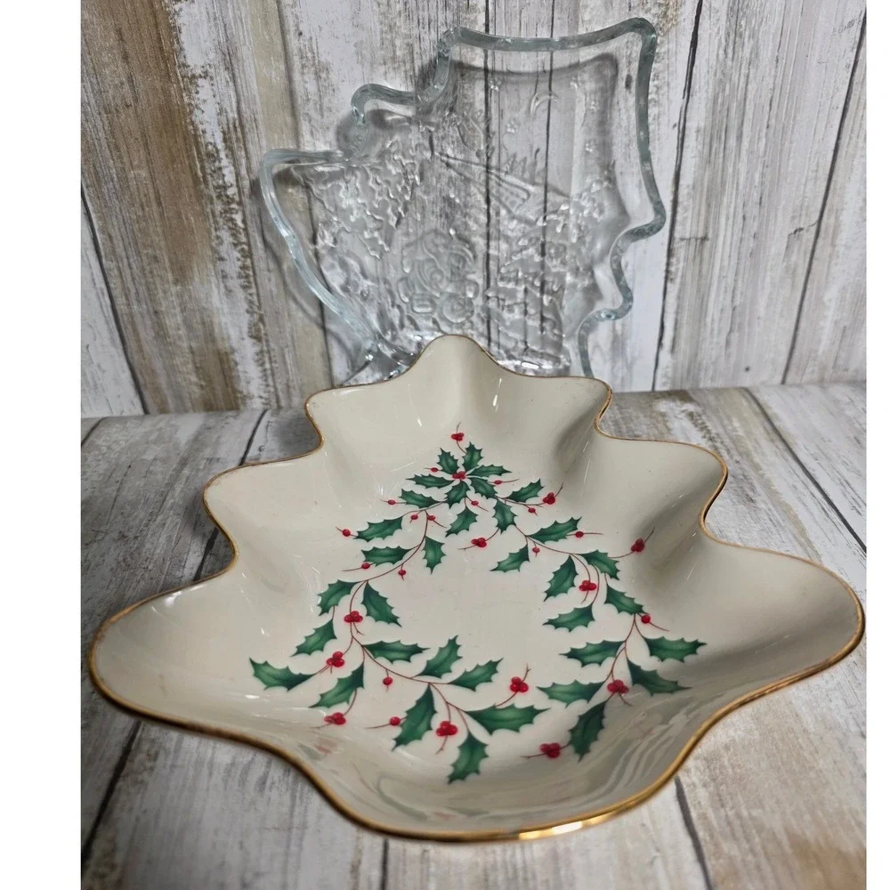 Lenox Holiday Christmas Tree Candy Dish and Glass Santa Nut Bowl Set‎ of 2